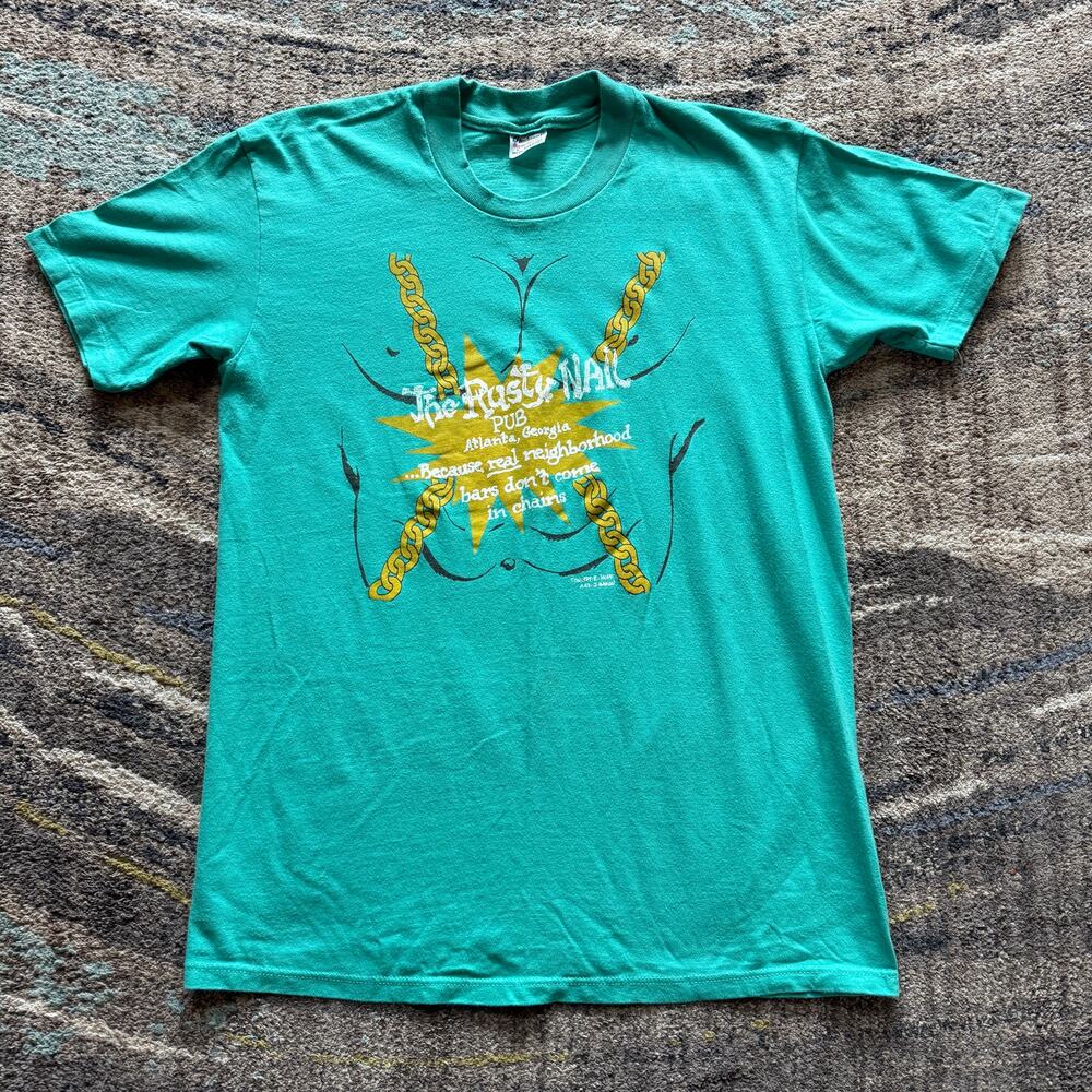 Vintage 80's The Rusty Nail Pub Dive Bar Atlanta Georgia Green Tee Shirt Sz L